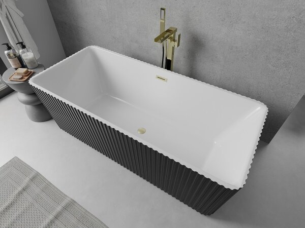 Mexen Nila, cadă de baie independentă cu caneluri 170 x 75 cm, alb-negru, preaplin auriu mat, 52841708075-55