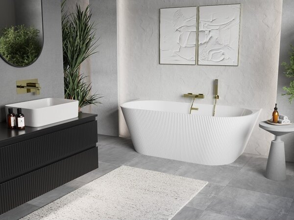 Cadă de baie independentă Mexen Oris cu caneluri 150 x 75 cm, alb lucios, preaplin auriu mat, 52871507500-55