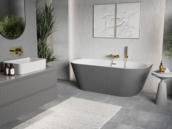 Mexen Oris, cadă de baie independentă cu caneluri 170 x 80 cm, alb-gri, preaplin auriu mat, 52871708062-55
