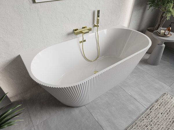 Cadă de baie independentă Mexen Oris cu caneluri 170 x 80 cm, alb lucios, preaplin auriu mat, 52871708000-55