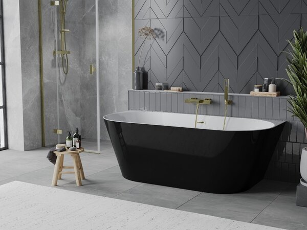 Mexen Oval Slim, cadă de baie independentă lângă perete, 170 x 80 cm, alb-negru, preaplin auriu mat, 52661708075-55