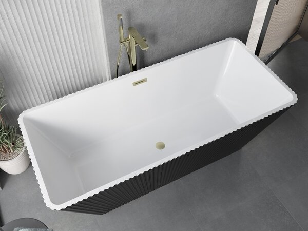 Mexen Tava, cadă de baie independentă cu caneluri 170 x 75 cm, alb-negru, preaplin auriu mat, 52851707575-55