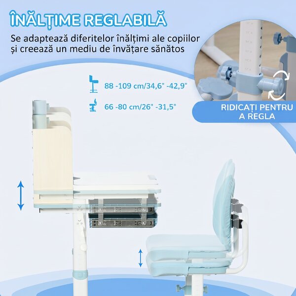 HOMCOM Set de birou si scaun cu inaltime reglabila Birou de scriere pentru copii masa de studiu pentru scoala cu raft | Aosom Romania
