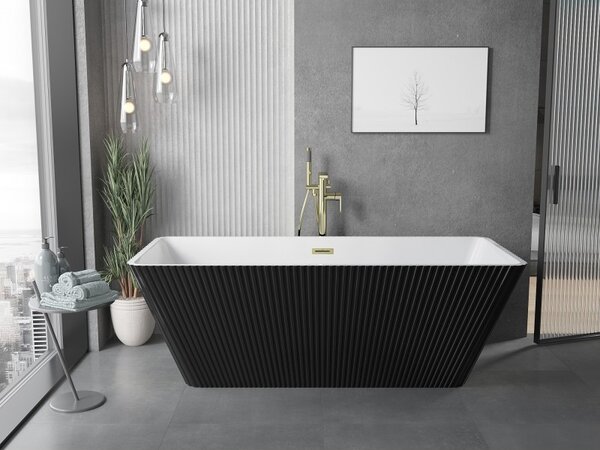 Mexen Tava, cadă de baie independentă cu caneluri 170 x 75 cm, alb-negru, preaplin auriu mat, 52851707575-55