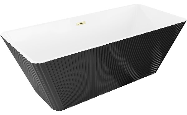Mexen Tava, cadă de baie independentă cu caneluri 170 x 75 cm, alb-negru, preaplin auriu mat, 52851707575-55