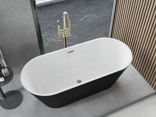 Mexen Yara, cadă de baie independentă cu caneluri 170 x 75 cm, alb-negru, preaplin auriu mat, 52861707575-55