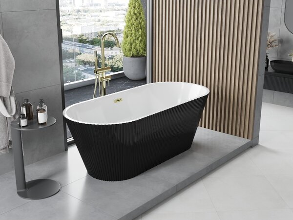 Mexen Yara, cadă de baie independentă cu caneluri 170 x 75 cm, alb-negru, preaplin auriu mat, 52861707575-55