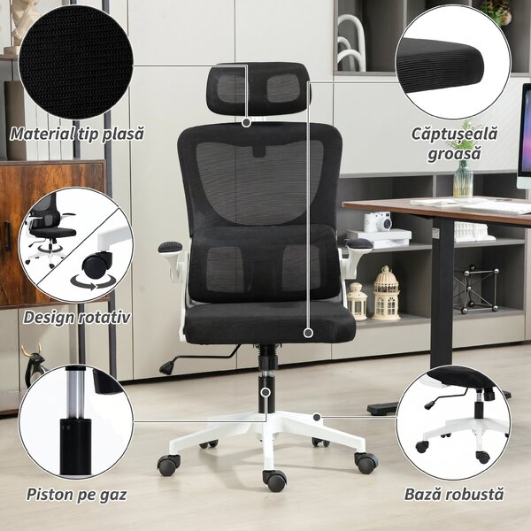 Vinsetto Scaun de Birou Ergonomic cu Tetieră Detașabilă Negru | Aosom Romania