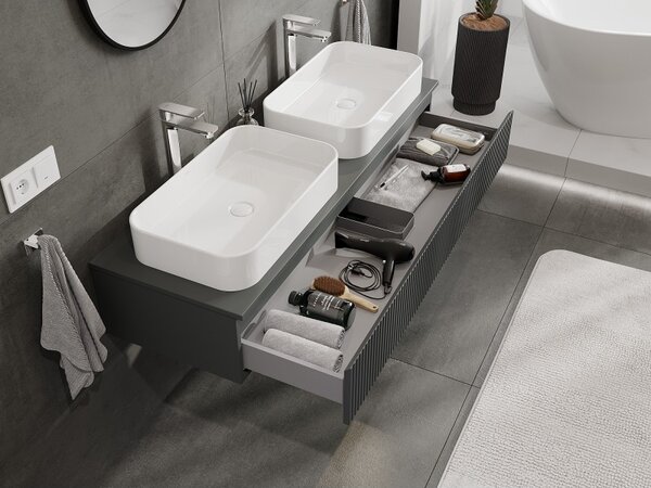 Mexen Rivel, mobilier de baie sub lavoar 140 cm cu blat, 1 sertar, canelat, grafit mat - 91A20-14023-1-BFC66