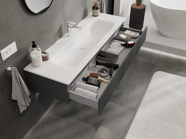 Mexen Rivel, mobilier baie 140 cm cu lavoar Vela, 1 sertar, canelat, grafit mat/alb mat, 91A20-14023-1-BF66-W23M0
