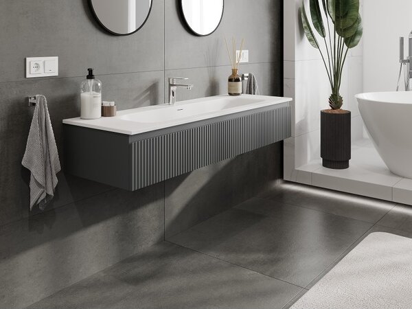 Mexen Rivel, mobilier baie 140 cm cu lavoar Vela, 1 sertar, canelat, grafit mat/alb mat, 91A20-14023-1-BF66-W23M0
