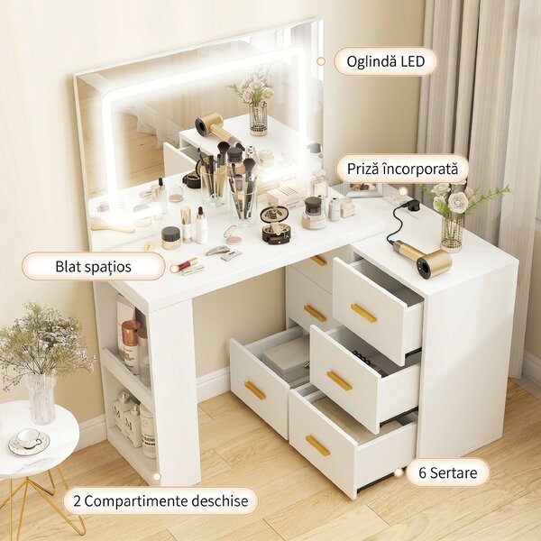 HOMCOM Stație de Machiaj cu Lumini LED, 3 Culori, Luminozitate Reglabilă, Toaletă Convertibilă cu Prize Electrice, 6 Sertare Soft Close, Oglindă, Rafturi Deschise, pentru Dormitor, Alb | Aosom Romania