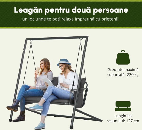 Outsunny Leagăn de Grădină cu 2 Locuri, Perne și Buzunare, Balansoar Exterior din Oțel și Textile, 168x117x181 cm, Gri Închis | Aosom Romania