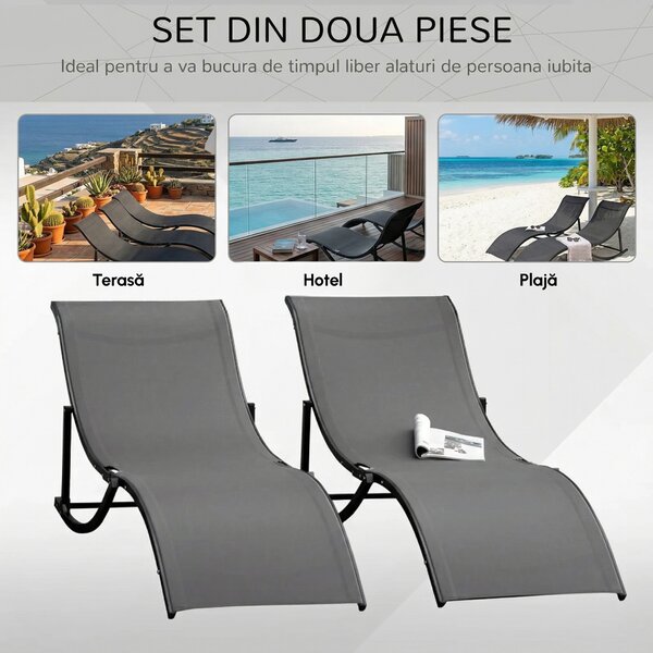 Outsunny Set 2 Sezlonguri Pliabile pentru Plajă sau Grădină, din Aluminiu și Textilen, Gri Închis, 61x165x63cm, Confortabile | Aosom Romania