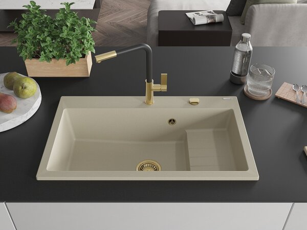 Mexen Omar, chiuveta granit cu 1 camera 800x480x210 mm, bej, sifon auriu, 6520801005-69-G