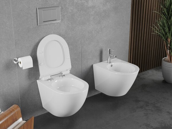 Mexen Lena, vas de toaletă montat pe perete 490x360x340 mm, Rimless Tornádo + scaun de toaletă duroplast, alb lucios, 30224000T