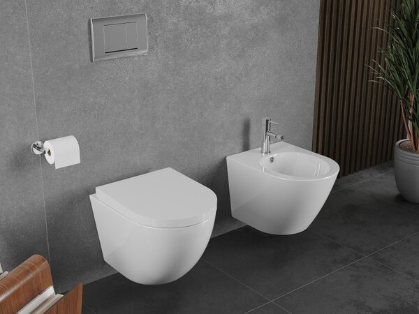 Mexen Lena, vas de toaletă montat pe perete 490x360x340 mm, Rimless Tornádo + scaun de toaletă duroplast, alb lucios, 30220200T