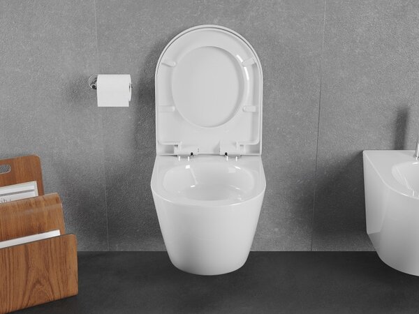Mexen Lena, vas de toaletă montat pe perete 490x360x340 mm, Rimless Tornádo + scaun de toaletă duroplast, alb lucios, 30220200T