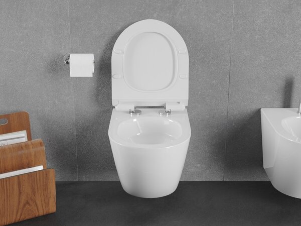 Mexen Lena, vas de toaletă montat pe perete 490x360x340 mm, Rimless Tornádo + scaun de toaletă duroplast, alb lucios, 30224000T