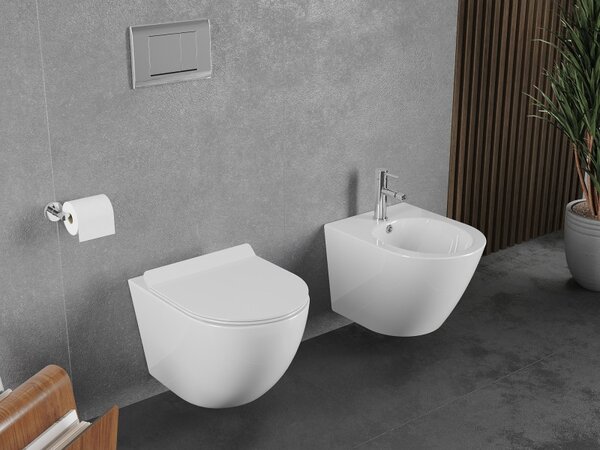 Mexen Lena, vas de toaletă montat pe perete 490x360x340 mm, Rimless Tornádo + scaun de toaletă duroplast, alb lucios, 30224000T