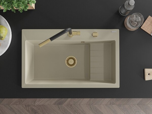 Mexen Omar, chiuveta granit cu 1 camera 800x480x210 mm, bej, sifon auriu, 6520801005-69-G