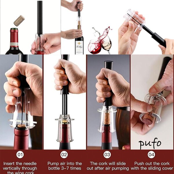 Tirbuson practic Pufo pentru sticle de vin cu presiune de aer, desfacator modern, 19.5 cm, negru