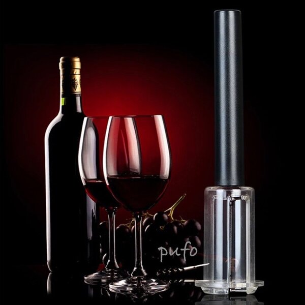 Tirbuson practic Pufo pentru sticle de vin cu presiune de aer, desfacator modern, 19.5 cm, negru