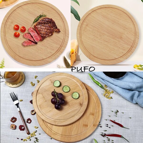 Platou rotund Pufo din lemn de bambus pentru servire alimente, aperitive, dulciuri, pizza, 28 cm, maro