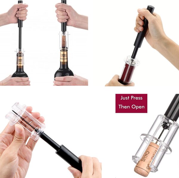 Tirbuson practic Pufo pentru sticle de vin cu presiune de aer, desfacator modern, 19.5 cm, negru