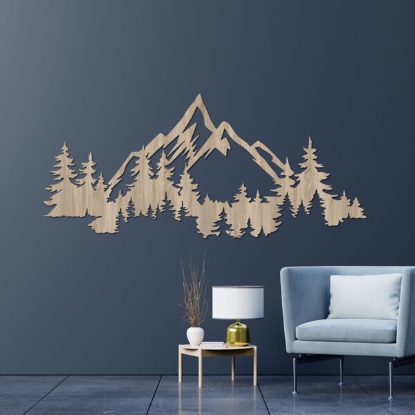 Pictură murală din lemn reprezentând un peisaj montan cu o pădure | SIERRAA