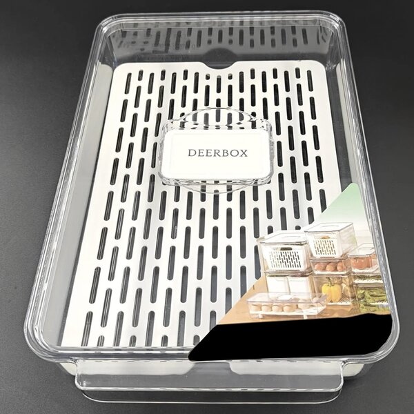 Cutie alimentară Pufo Deerbox cu sită detașabilă și capac cu aerisire, pentru fructe, legume sau mâncare, 32 x 21 x 5.5 cm