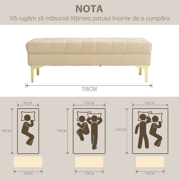 HOMCOM Bancă cu Husă Capitonată, Bancă Tapițată din Catifea cu Picioare Metalice, 118x45x42 cm, Bej | Aosom Romania
