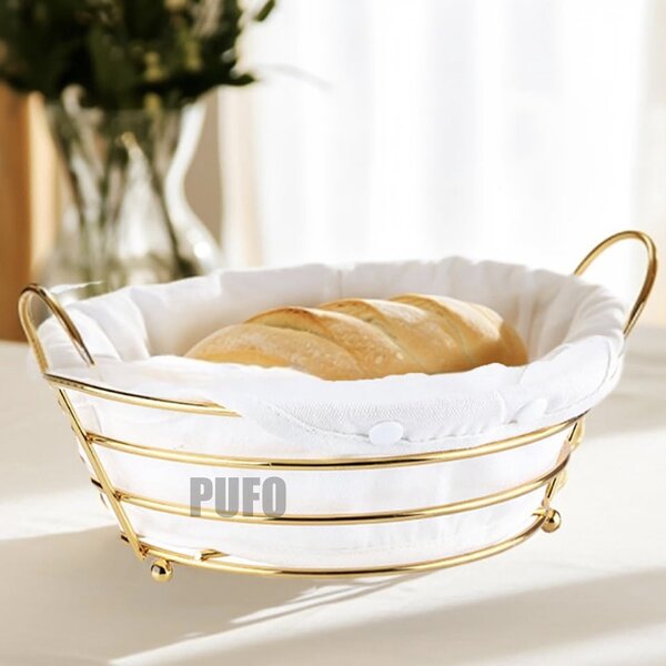 Cos metalic oval Pufo de bucatarie pentru servire paine, cu picioruse si husa detasabila textila, 26 x 19 cm, auriu