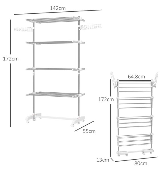 HOMCOM Uscător de Rufe Vertical Pliabil cu 6 Roți, Cârlige și 4 Rafturi Reglabile, 142x55x172 cm, Alb | Aosom Romania