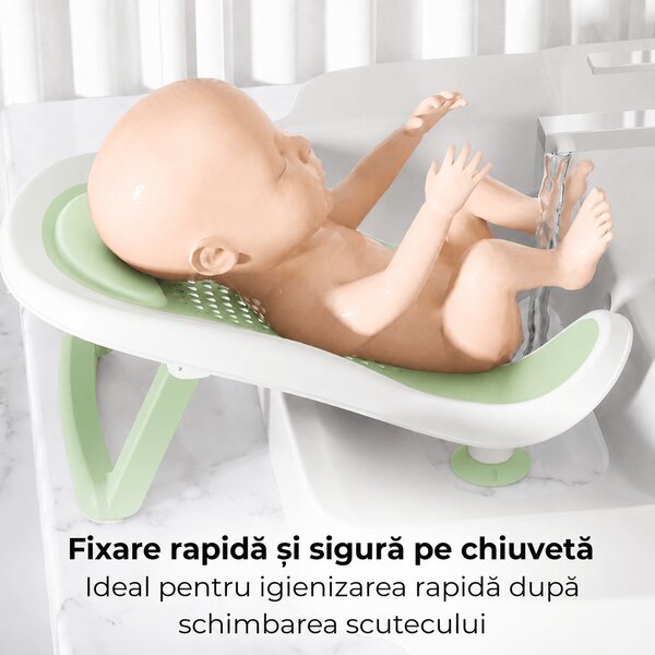 Suport baie bebe Kidizi EasyRinse 2 in 1 Mint – pentru spalarea bebelusului in chiuveta dupa schimbarea scutecului sau in cadita