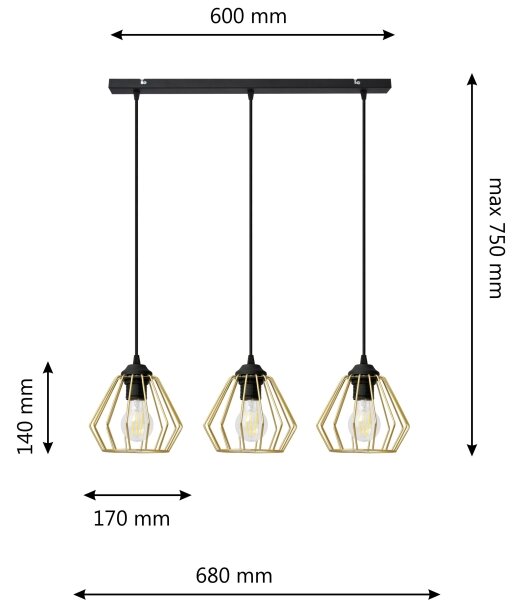 Lustră pe cablu AGAT 3xE27/15W/230V auriu/negru
