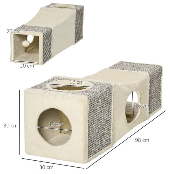 PawHut Tunel Pliabil pentru Pisici cu Căsuțe și Zgârâietori, Jucării cu Minge de Pluș și Sisal, 98x30x30 cm, Alb Crem | Aosom Romania