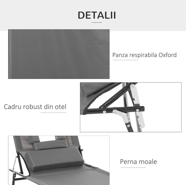 Outsunny Sezlong de Gradina Piabil, Pat pentru Plaja cu Orificiu Capitonat pentru Fata, Spatar Rabatabil in 4 Pozitii si Perna Suplimentara, Gri