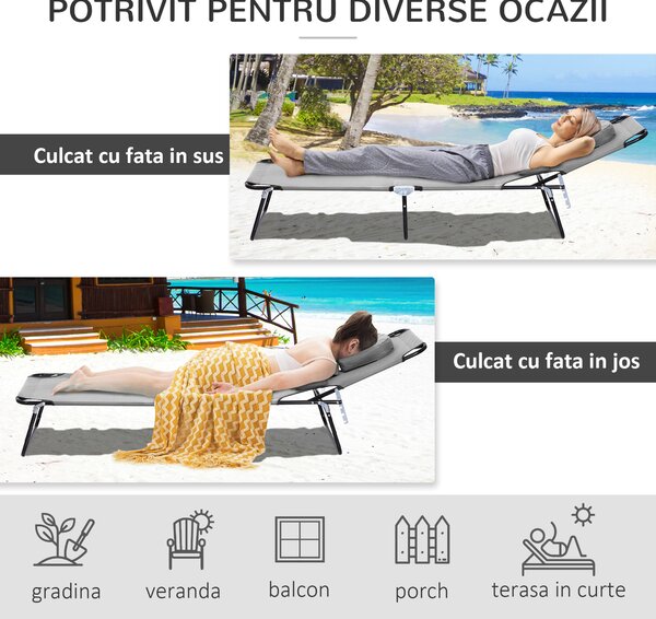 Outsunny Sezlong de Gradina Piabil, Pat pentru Plaja cu Orificiu Capitonat pentru Fata, Spatar Rabatabil in 4 Pozitii si Perna Suplimentara, Gri