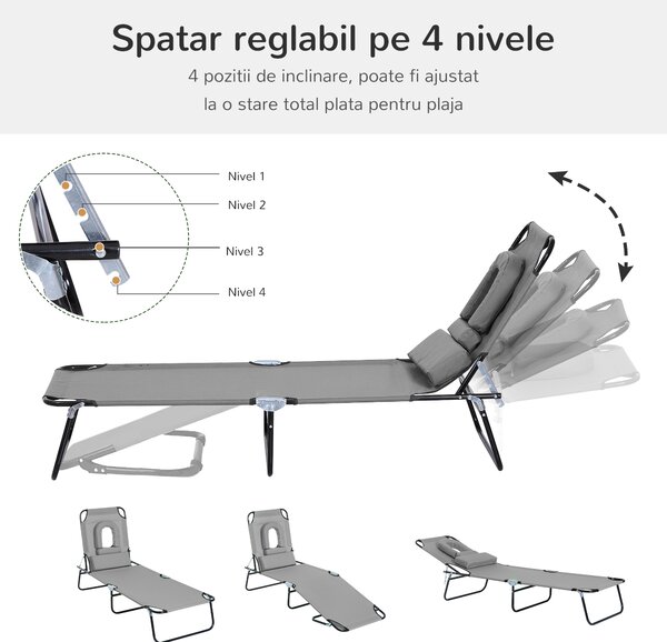 Outsunny Sezlong de Gradina Piabil, Pat pentru Plaja cu Orificiu Capitonat pentru Fata, Spatar Rabatabil in 4 Pozitii si Perna Suplimentara, Gri