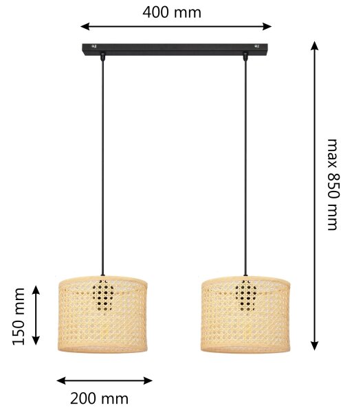 Lustră pe cablu ALBA 2xE27/15W/230V ratan/negru
