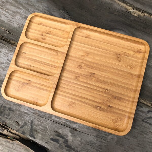 Platou Pufo din lemn de bambus pentru servire cu 4 compartimente, 28 x 24 cm, maro