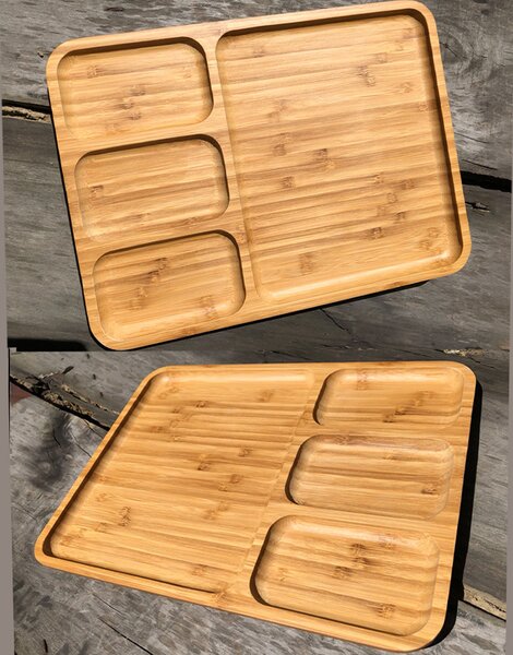 Platou Pufo din lemn de bambus pentru servire cu 4 compartimente, 28 x 24 cm, maro