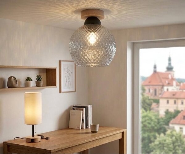 BRILAGI - Plafonieră LED R GLASS 1xE27/60W/230V diam. 25 cm stejar/gri fumuriu