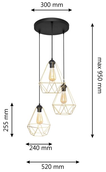 Lustră pe cablu KARO 3xE27/15W/230V auriu/negru