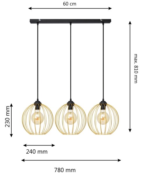 Lustră pe cablu MERCURE 3xE27/15W/230V auriu/negru