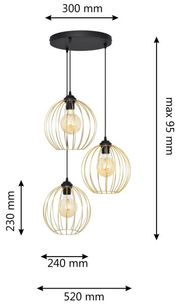 Lustră pe cablu MERCURE 3xE27/15W/230V auriu/negru