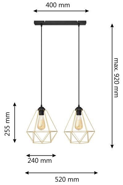 Lustră pe cablu KARO 2xE27/15W/230V auriu/negru