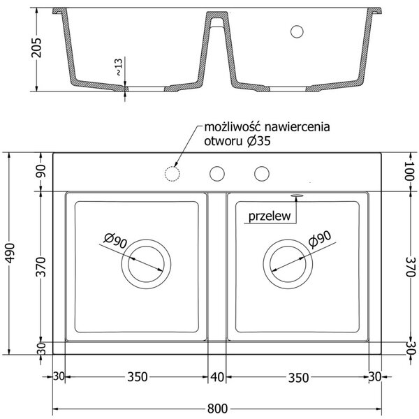 Mexen Hektor chiuvetă de bucătărie din granit cu 2 compartimente 800 x 480 mm, albă, sifon crom - 6521802000-20