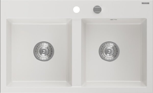 Mexen Hektor chiuvetă de bucătărie din granit cu 2 compartimente 800 x 480 mm, albă, sifon crom - 6521802000-20
